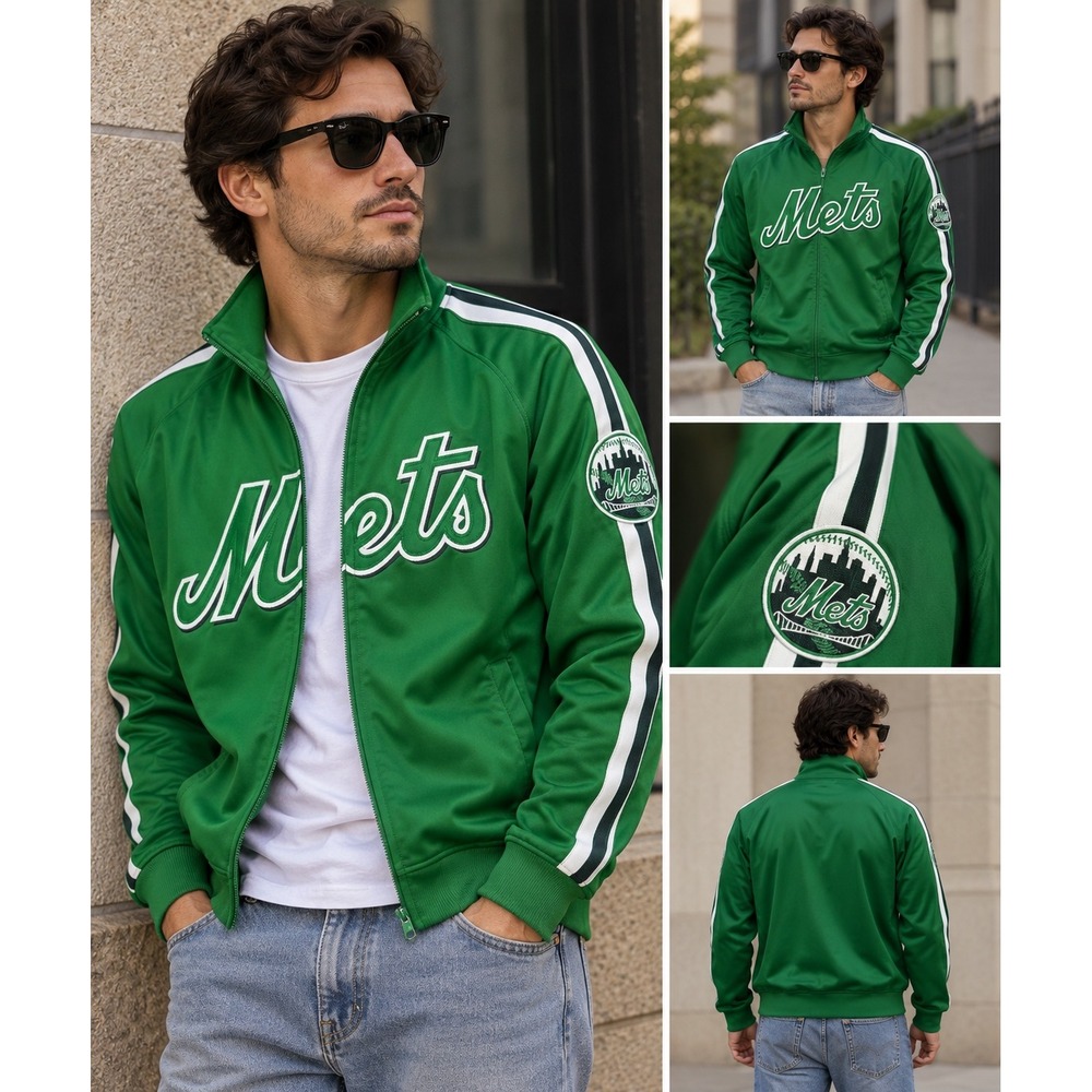 Stitches New York Mets Track Jacket Mens XL Green Excellent MLB Full Zip Striped